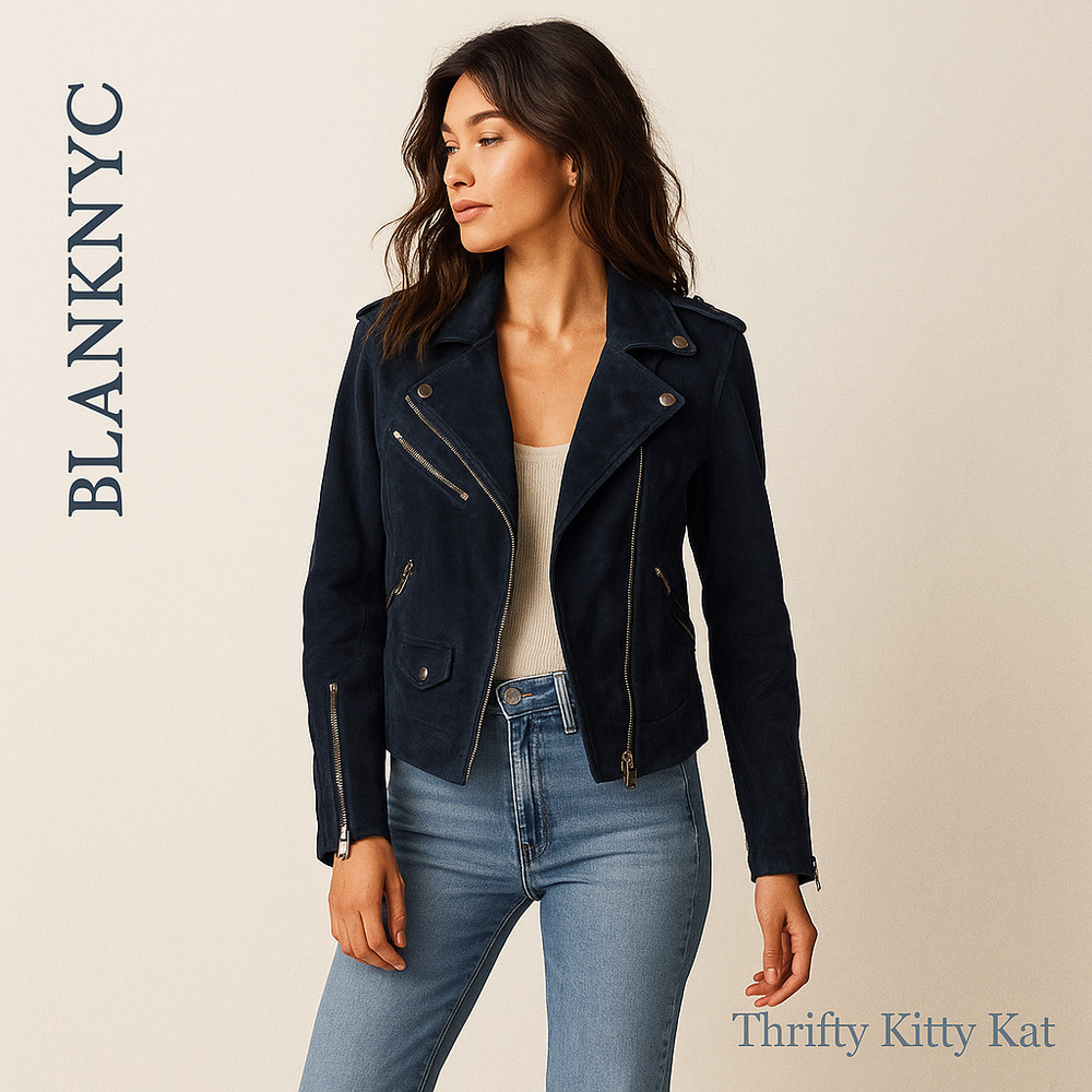 BlankNYC Cropped Suede Leather Moto Jacket Asym Zip Snap Lapel Silvertone Navy S